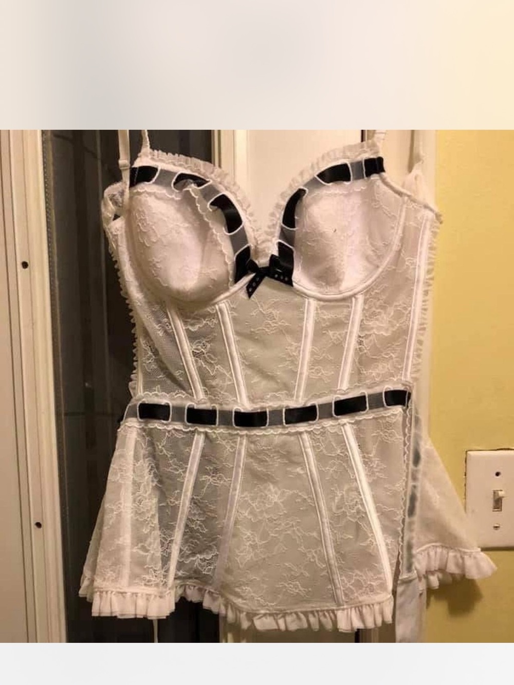 Vintage White Lace Corset Chemise with Black Ribbon Accents